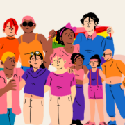 Illustration of a diverse group of people standing together, with one person holding a rainbow Pride flag in the background.