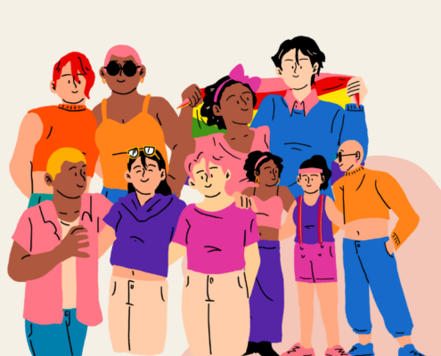 Illustration of a diverse group of people standing together, with one person holding a rainbow Pride flag in the background.