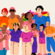 Illustration of a diverse group of people standing together, with one person holding a rainbow Pride flag in the background.