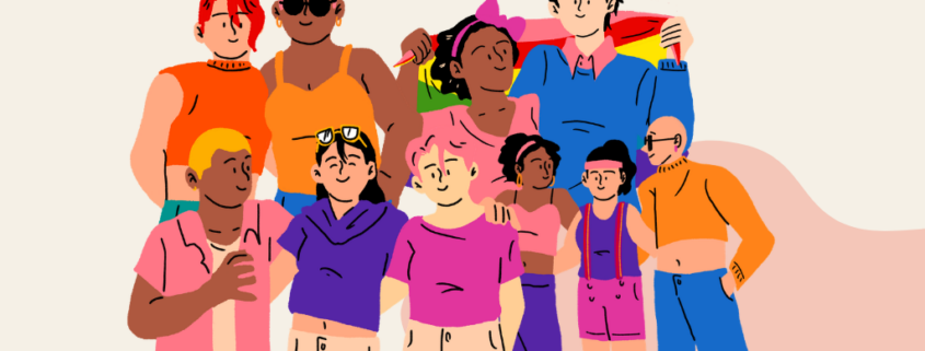 Illustration of a diverse group of people standing together, with one person holding a rainbow Pride flag in the background.